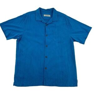 Tommy Bahama Men Silk Camp Shirt Blue Short Sleeve Button  Tropical Vacation XL